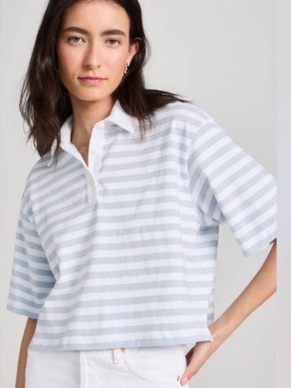 ATM Anthony Thomas Melillo Light Blue and White Striped Short Sleeve Polo Tee
